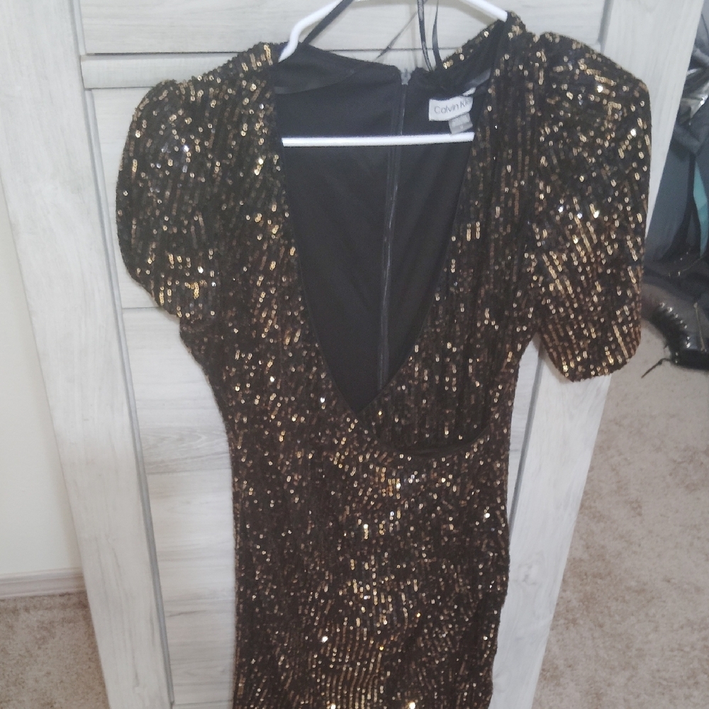 Caché Black and Gold Sequin Dress